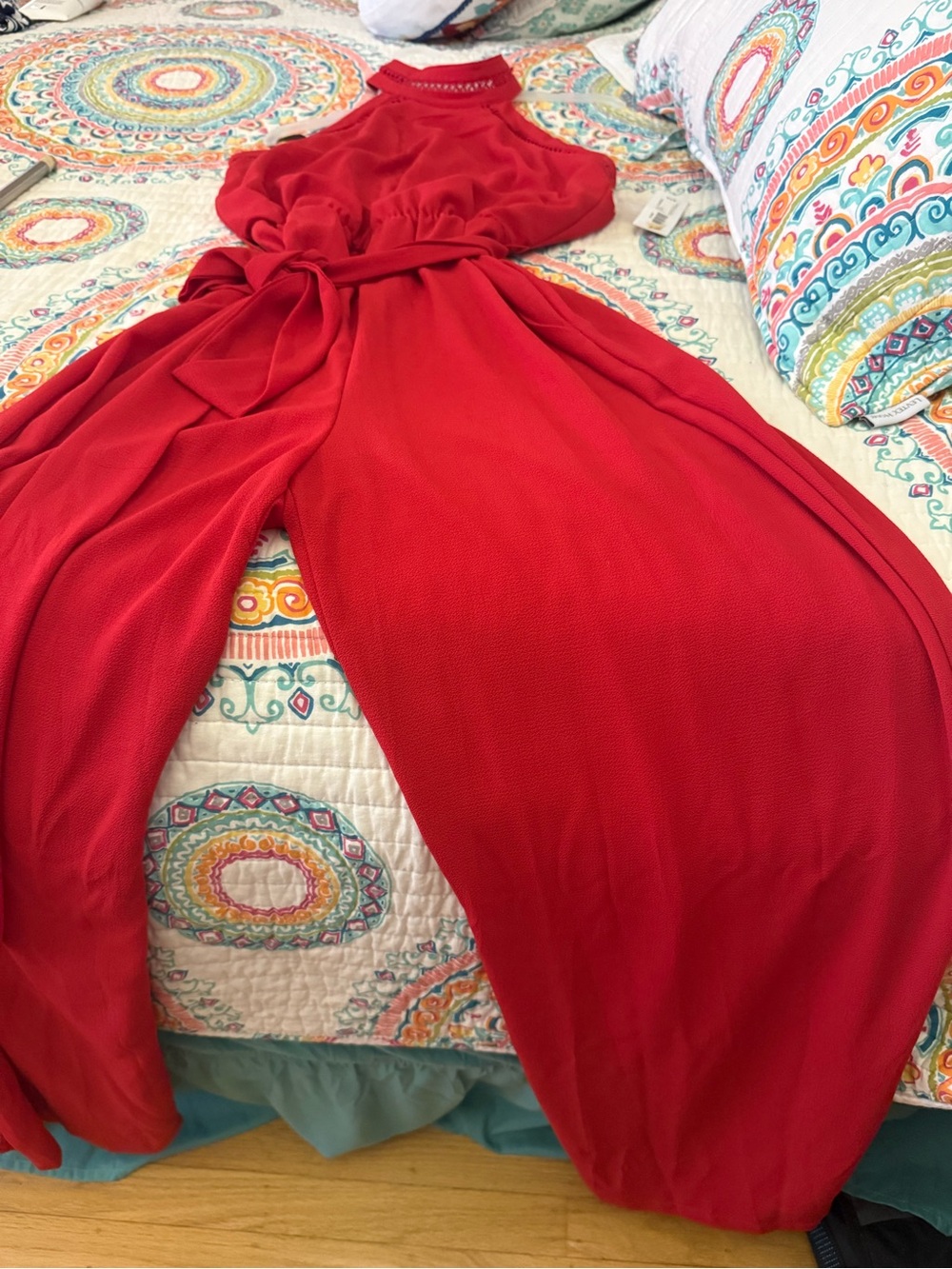 Chic Red High-Neck Sleeveless Jumpsuit with Self-Tie Waist